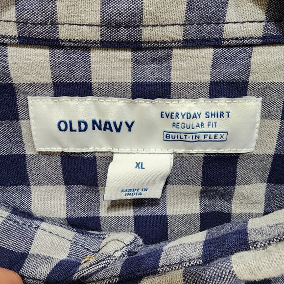 Old Navy Men's XL Blue White Gingham Button Up Shirt Regular Fit Built-In Flex - Picture 7 of 11